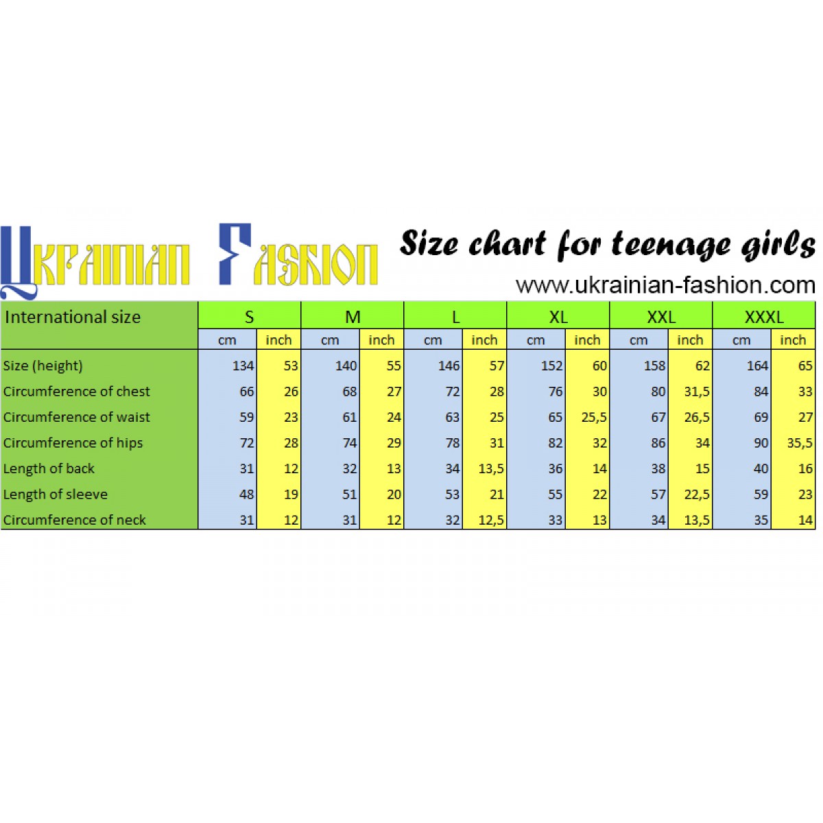 Teenage Size Chart