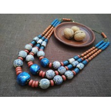 Necklace Patsyorka of ceramic beads colourful mix 3 threads