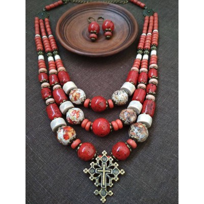 Necklace Zgarda of red/white ceramic beads and cross