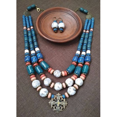 Necklace Zgarda of blue/white ceramic beads and cross