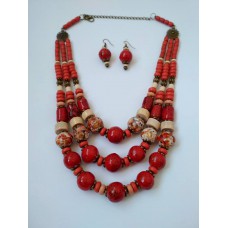 Necklace Patsyorka and earrings of ceramic beads red 3 threads