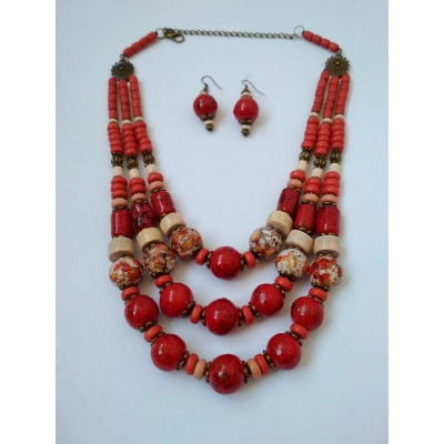 Necklace Patsyorka and earrings of ceramic beads red 3 threads