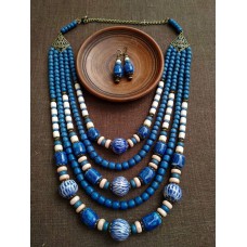 Necklace Korali of ceramic beads blue mix 5 threads