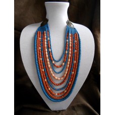Necklace Korali of ceramic beads blue/orange 9 threads