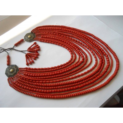 Necklace Korali of ceramic beads blue/orange 12 threads