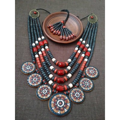 Necklace Dukati of ceramic beads blue/orange