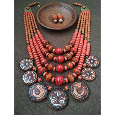Necklace Dukati of ceramic beads red/orange
