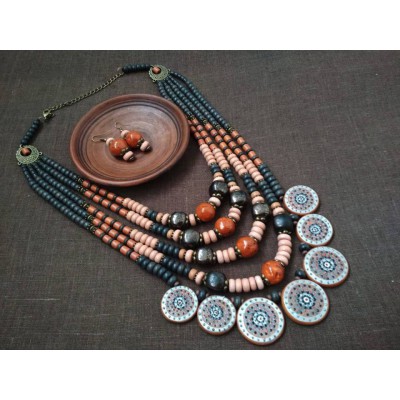 Necklace Dukati of ceramic beads blue/orange