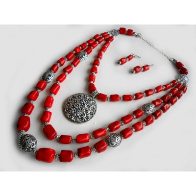 Necklace Dukati and earrings of real coral with decoration 2