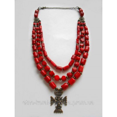 Necklace Namysto of real corals 3 threads with metal cross