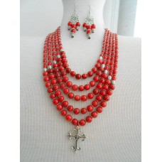 Necklace Namysto and earrings of real corals 5 threads with metal cross