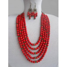 Necklace Namysto and earrings of real round corals 5 threads