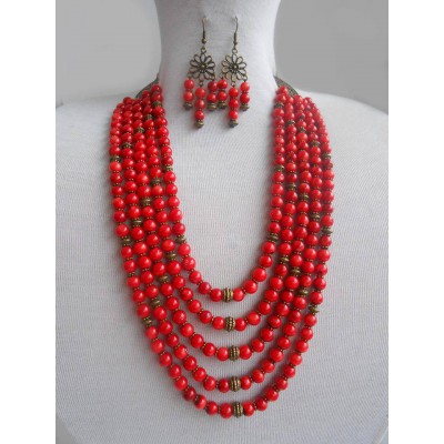 Necklace Namysto and earrings of real round corals 5 threads