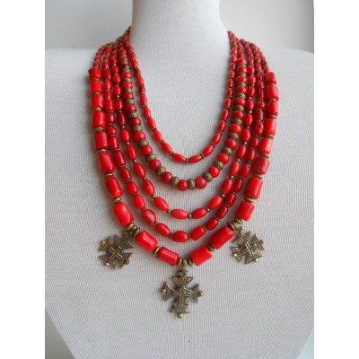 Necklace Namysto of real corals with bronze decoration 5 threads 