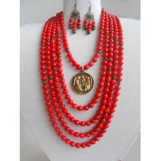 Necklace Namysto and earrings of real corals with bronze decoration 5 threads 
