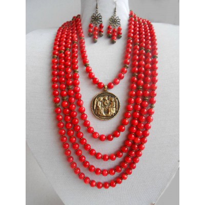 Necklace Namysto and earrings of real corals with bronze decoration 5 threads 