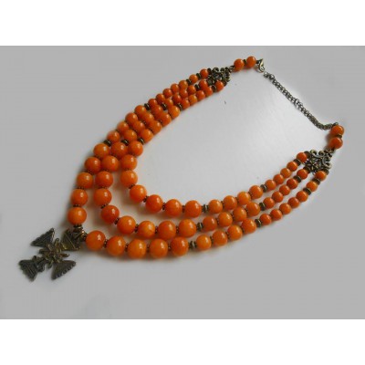 Necklace Gutsul Zgarda of orange onyx natural gemstone with cross
