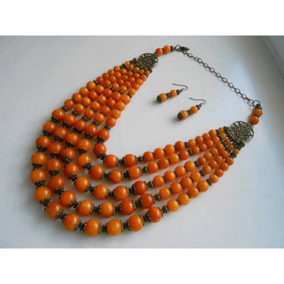 Necklace and earrings of orange onyx natural gemstone 5 threads