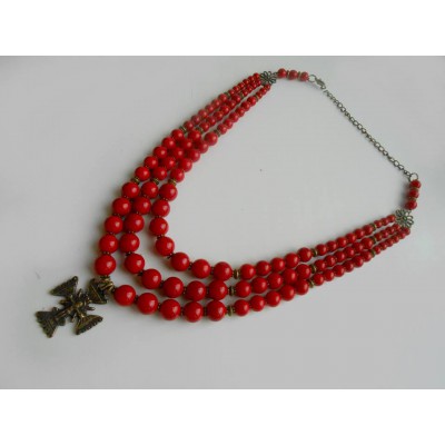 Necklace Zgarda of pressed corals with cross 3 threads