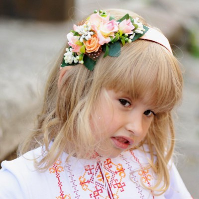 Ukrainian Headdress "Pink Flowers on Hair band"
