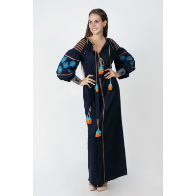 Boho Style Ukrainian Embroidered Maxi Narrow Dress  Black with Orange/Blue Embroidery