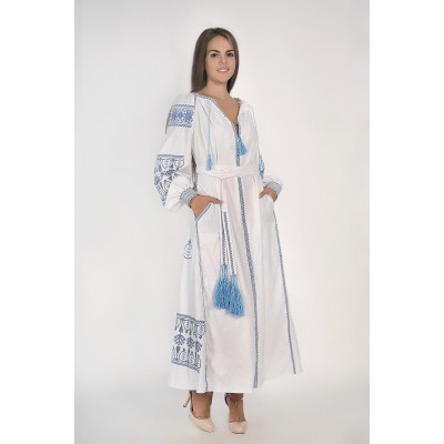 Boho Style Ukrainian Embroidered Maxi Broad Dress White with Blue Embroidery