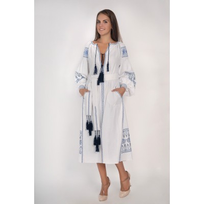 Boho Style Ukrainian Embroidered Midi Broad Dress White with Blue Embroidery