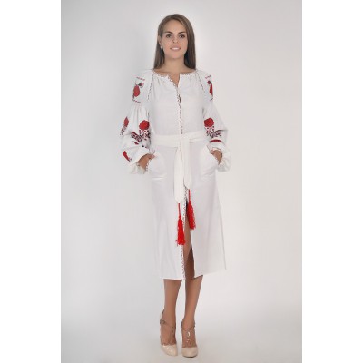 Boho Style Ukrainian Embroidered Midi Broad Dress White with Red/Black Embroidery