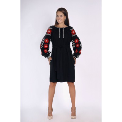 Boho Style Ukrainian Embroidered Classic Dress Black with Red Embroidery