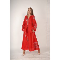 Boho Style Ukrainian Embroidered Maxi Broad Dress Red with Grey Embroidery