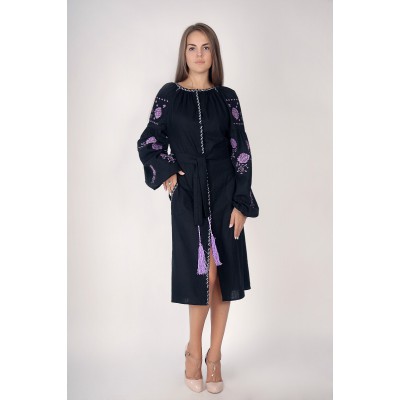 Boho Style Ukrainian Embroidered Midi Narrow Dress  Black with Violet Embroidery
