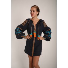 Boho Style Ukrainian Embroidered Mini Dress  Black with Orange/Blue Embroidery