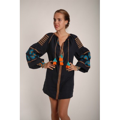 Boho Style Ukrainian Embroidered Mini Dress  Black with Orange/Blue Embroidery