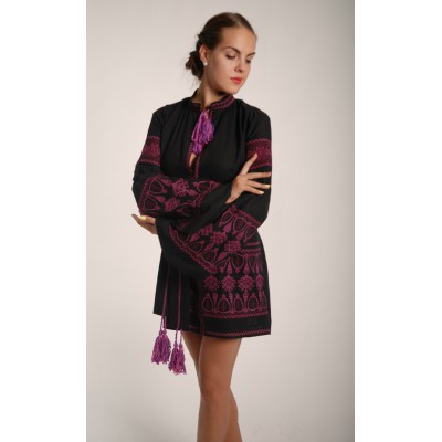 Boho Style Ukrainian Embroidered Mini Dress  Black with Violet Embroidery