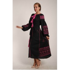 Boho Style Ukrainian Embroidered Maxi Broad Dress  Black with Violet Embroidery