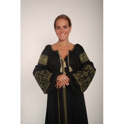 Boho Style Ukrainian Embroidered Maxi Broad Dress  Black with Golden Embroidery