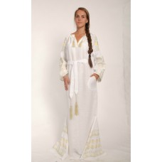 Boho Style Ukrainian Embroidered Maxi Broad Dress White with Golden Embroidery