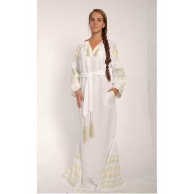 Boho Style Ukrainian Embroidered Maxi Broad Dress White with Golden Embroidery