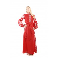 Boho Style Ukrainian Embroidered Maxi Broad Dress  Red with White Embroidery