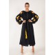Boho Style Ukrainian Embroidered Midi Broad Dress Black with Yellow Embroidery