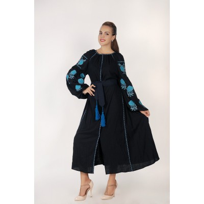 Boho Style Ukrainian Embroidered Midi Broad Dress Black with Blue Embroidery