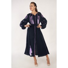 Boho Style Ukrainian Embroidered Midi Broad Dress Black with Violet Embroidery