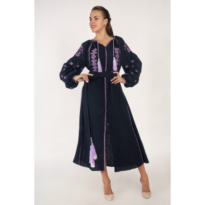 Boho Style Ukrainian Embroidered Midi Broad Dress Black with Violet Embroidery