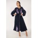 Boho Style Ukrainian Embroidered Midi Broad Dress Black with Violet Embroidery