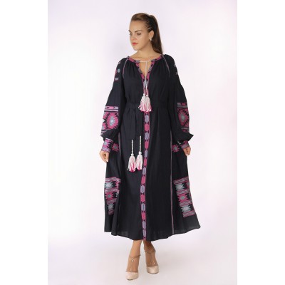 Boho Style Ukrainian Embroidered Maxi Broad Dress Black with Grey/Pink Embroidery