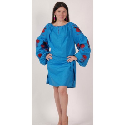 Boho Style Ukrainian Embroidered Mini Dress Blue with Red Embroidery