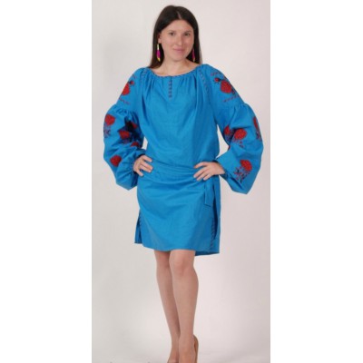 Boho Style Ukrainian Embroidered Mini Dress Blue with Red Embroidery