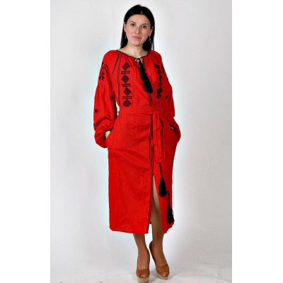 Boho Style Ukrainian Embroidered Midi Dress Red with Black Embroidery