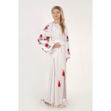 Boho Style Ukrainian Embroidered Maxi Broad Dress White with Red/Black Embroidery