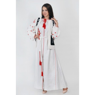 Boho Style Ukrainian Embroidered Maxi Broad Dress Pockets White with Red/Black Embroidery